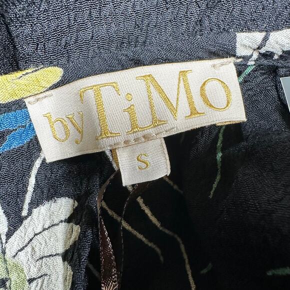 ByTiMo NWT Black Floral Bubble Crepe Blouse Daisy Size S Long Sleeve Round Neck - Picture 4 of 10